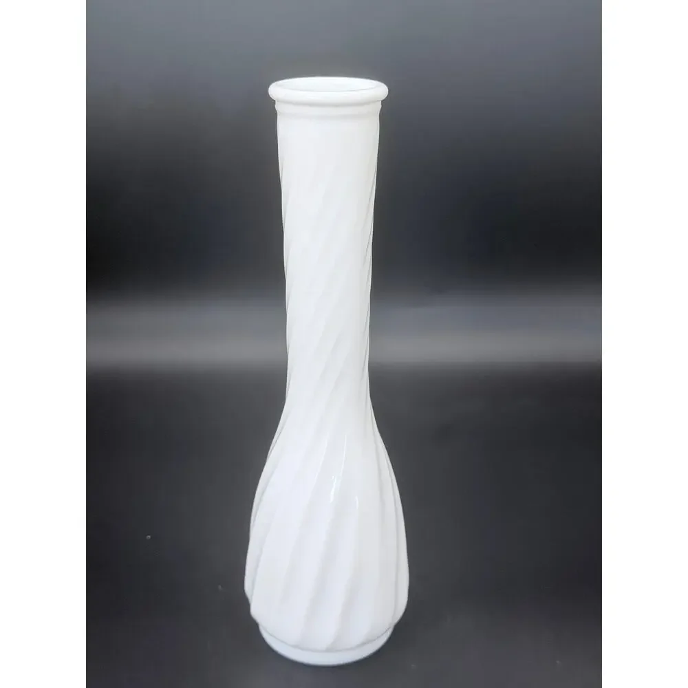 Vintage Hoosier Glass 4094 White Milk Glass Swirl Bud Vase 9.25in MCM
